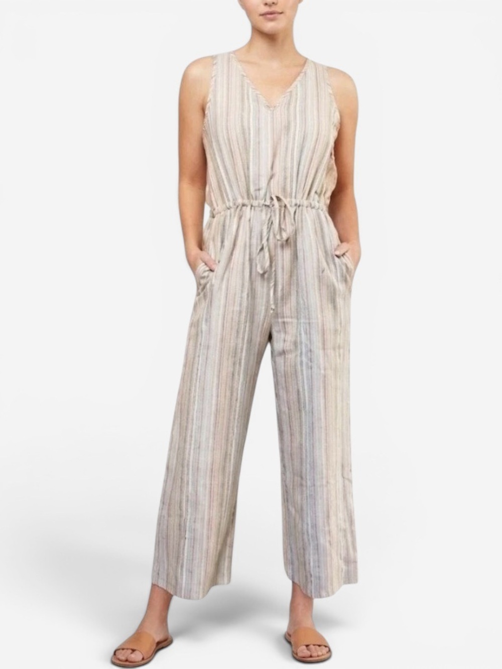 NWT DREW Tan Striped Linen Blend Sleeveless Jumpsuit Lightweight - Size L - Flaw